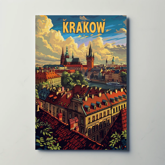 Evening Skyline Krakow Poland Travel Poster