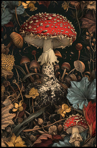 Lush Forest Floor with Enchanting Mushroom Fantasy Poster