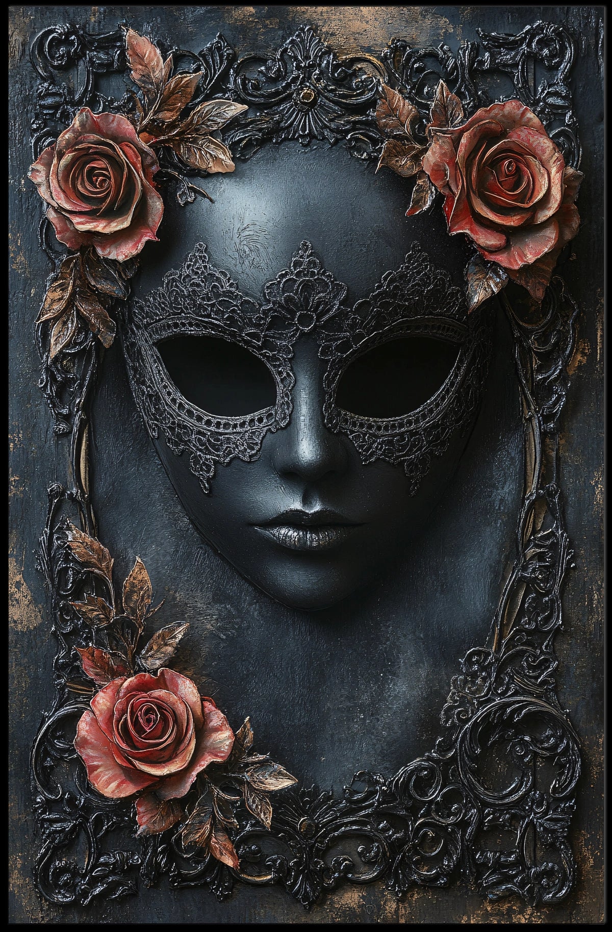 Ornate Black Mask Gothic Artistry Cultural Heritage Poster