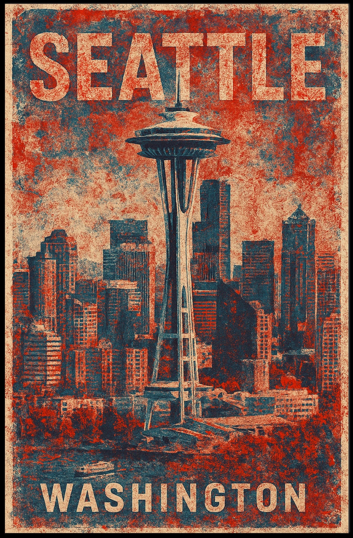 Seattle Space Needle Retro Urban Cityscape Travel Poster