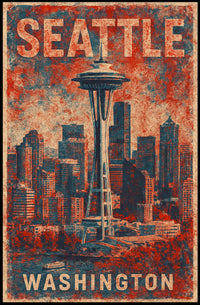 Seattle Space Needle Retro Urban Cityscape Travel Poster