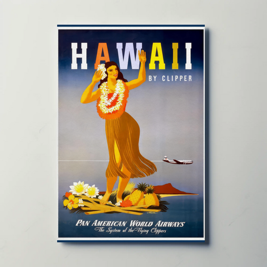 Pan Am Hawaii Hula Dancer Island Sunset Travel Poster