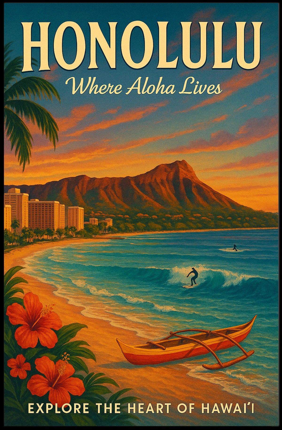 Honolulu Vintage Travel Poster Aloha Adventure Awaits