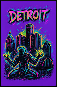 Dynamic Neon Detroit Art: Urban or Cityscape Poster