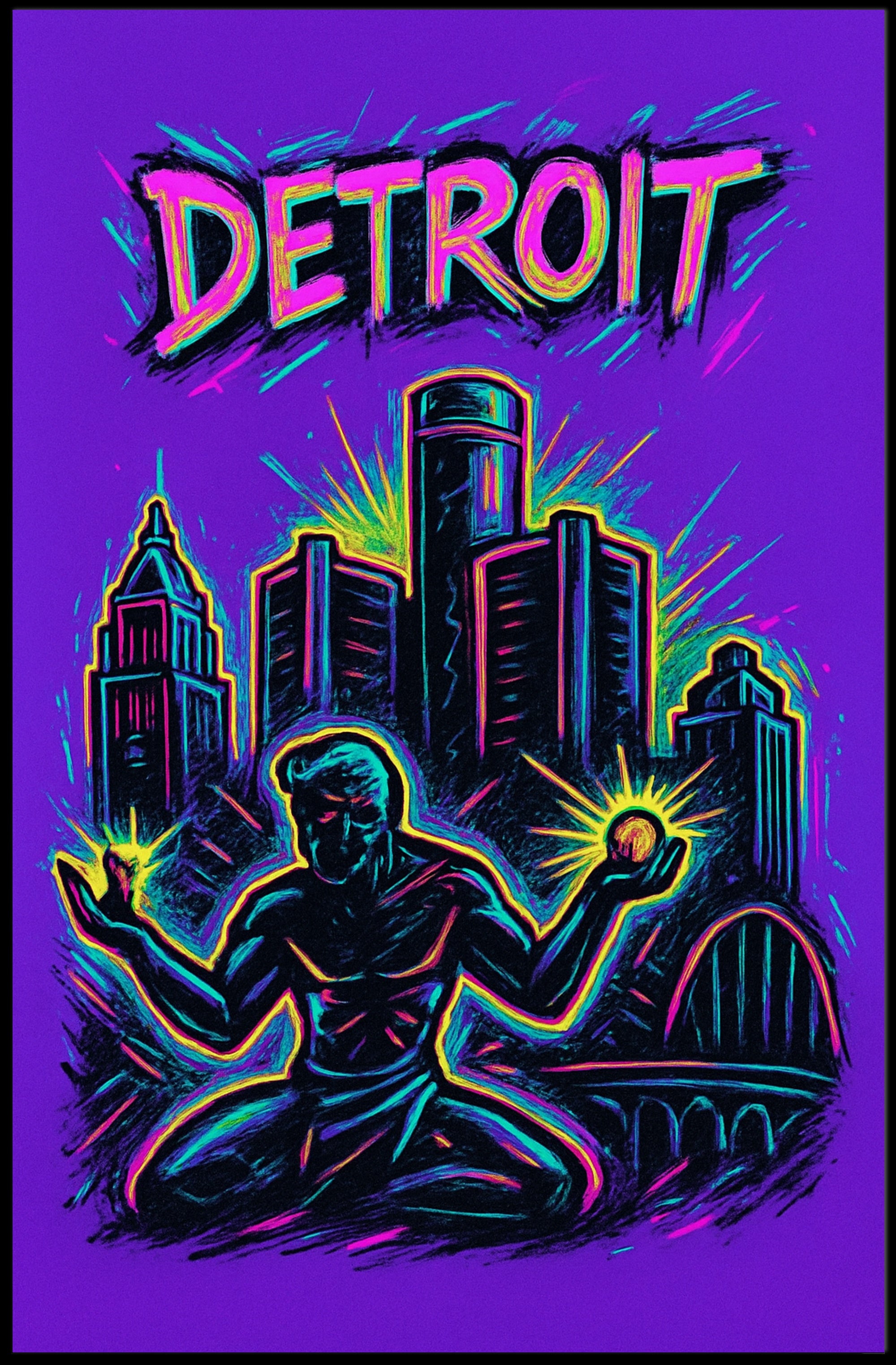 Dynamic Neon Detroit Art: Urban or Cityscape Poster