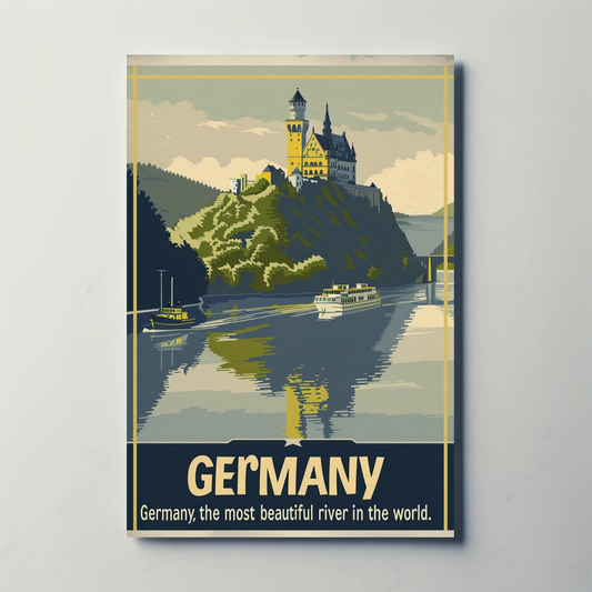 Germany Castle River Reflection Landscape Vintage Travel Poster