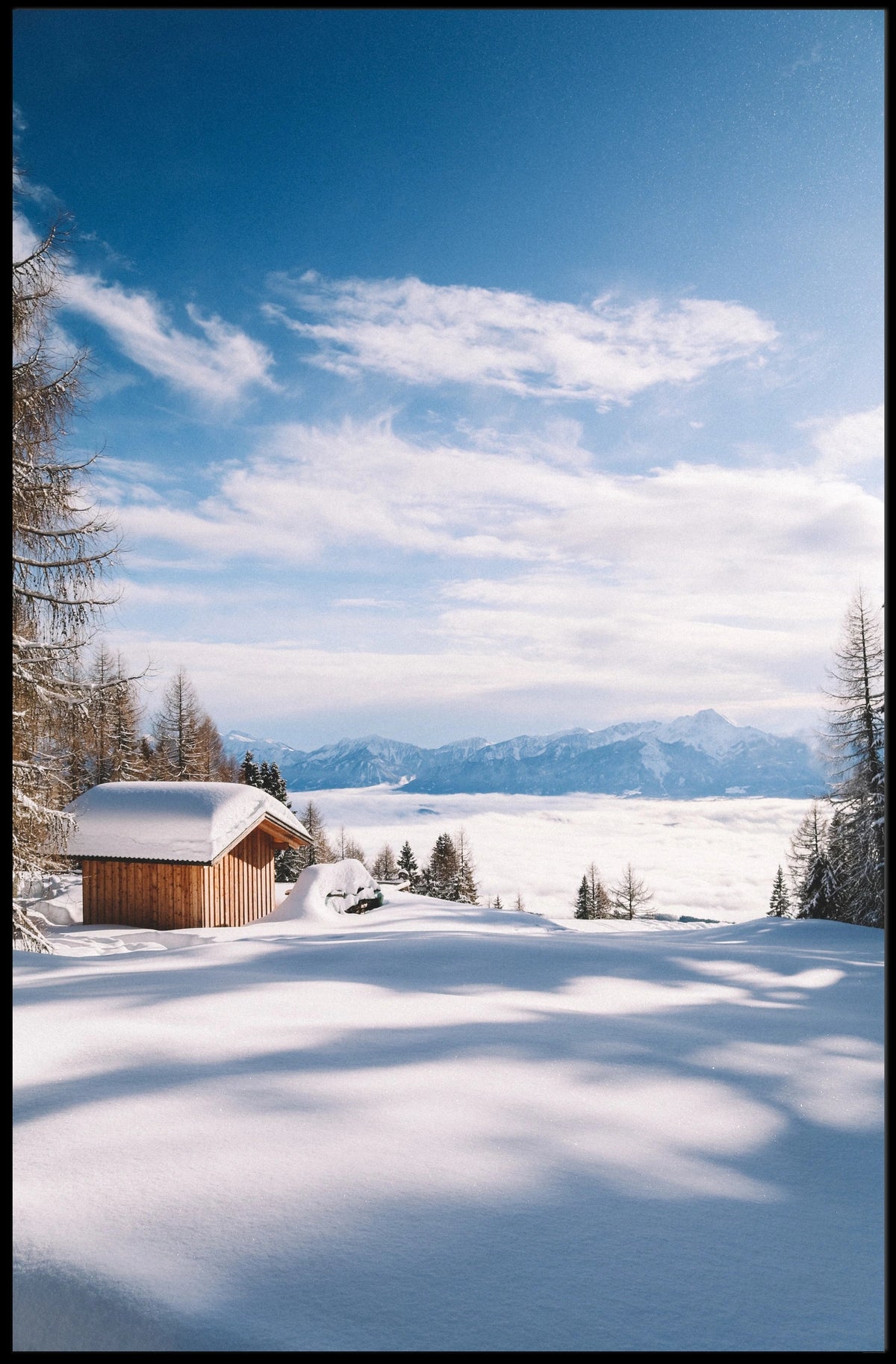Serene Snowy Cabin Landscape National Park Poster
