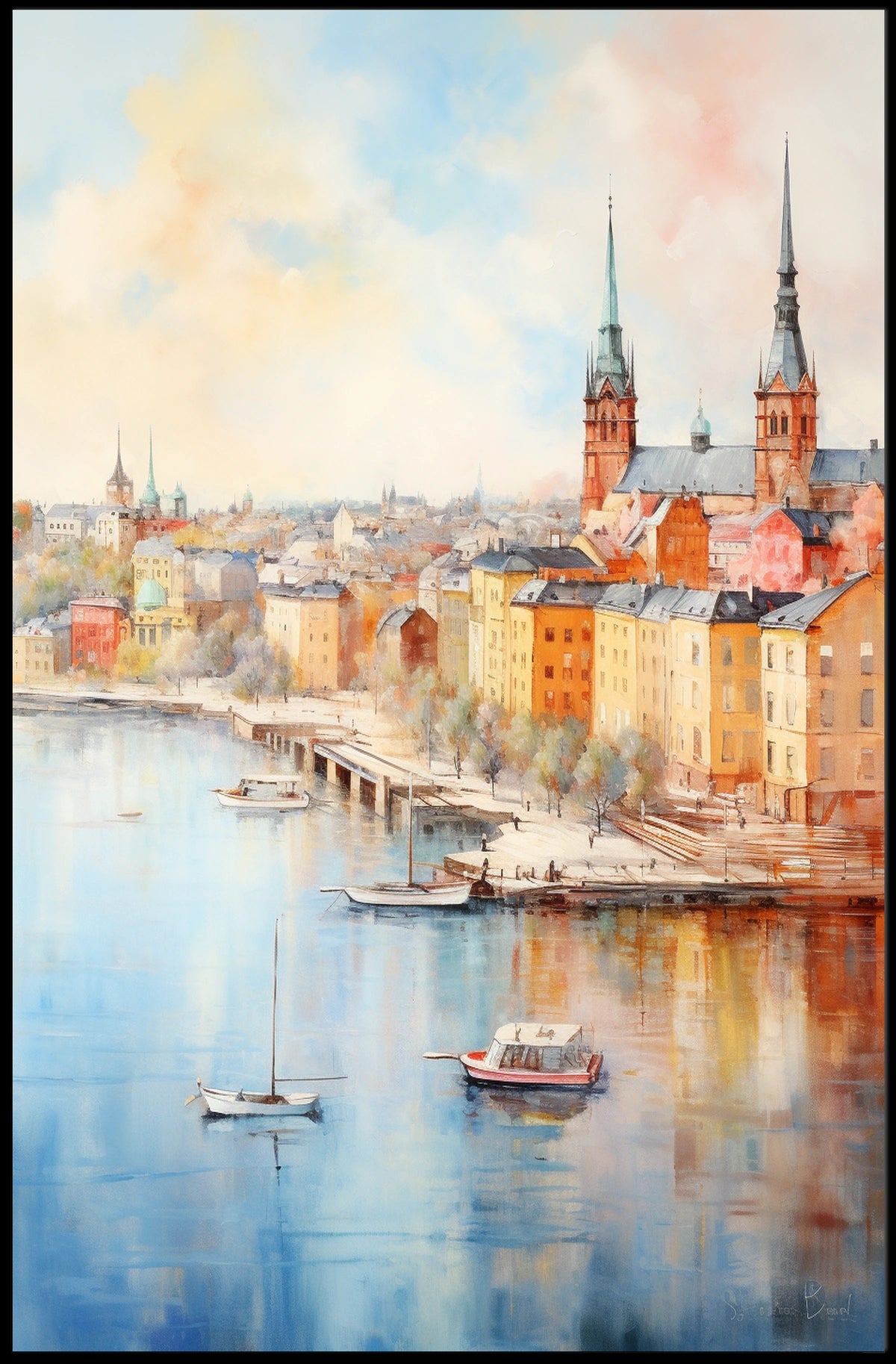 Picturesque European Cityscape on Waterfront Travel Poster