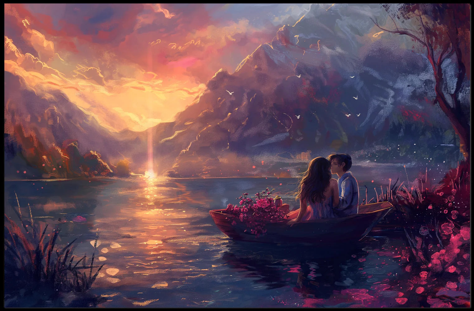 Romantic Sunset Lake Scene: Love in Bloom Poster