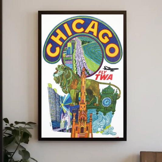 Fly TWA to Chicago! Vintage Style 1960s Travel Poster