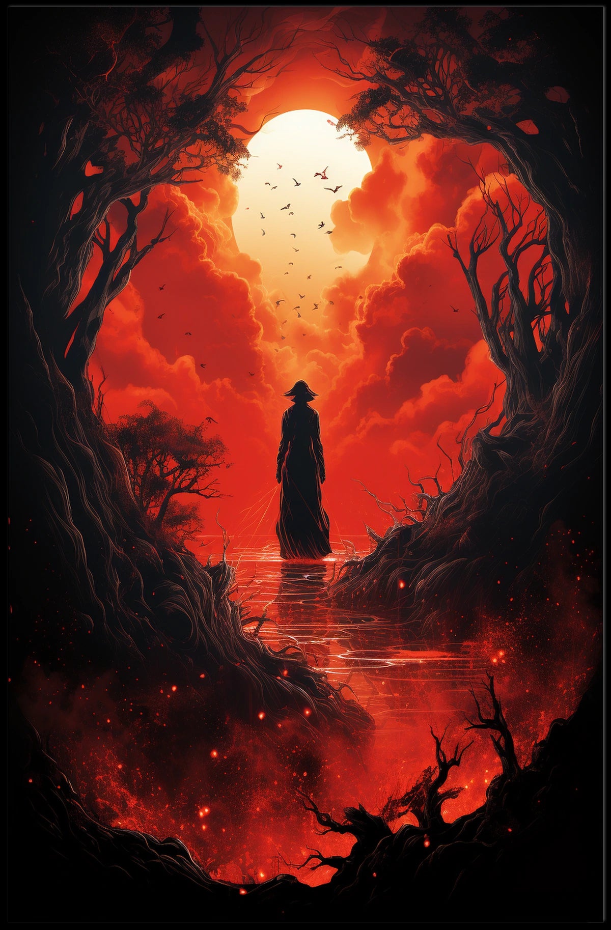 Wandering Traveler in Fiery Fantasy Landscape Poster