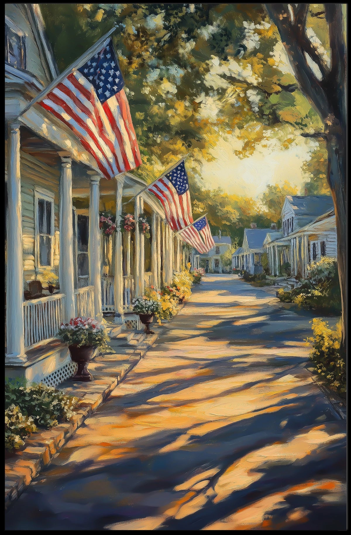 Colonial Village Street With Patriotic Flags Poster