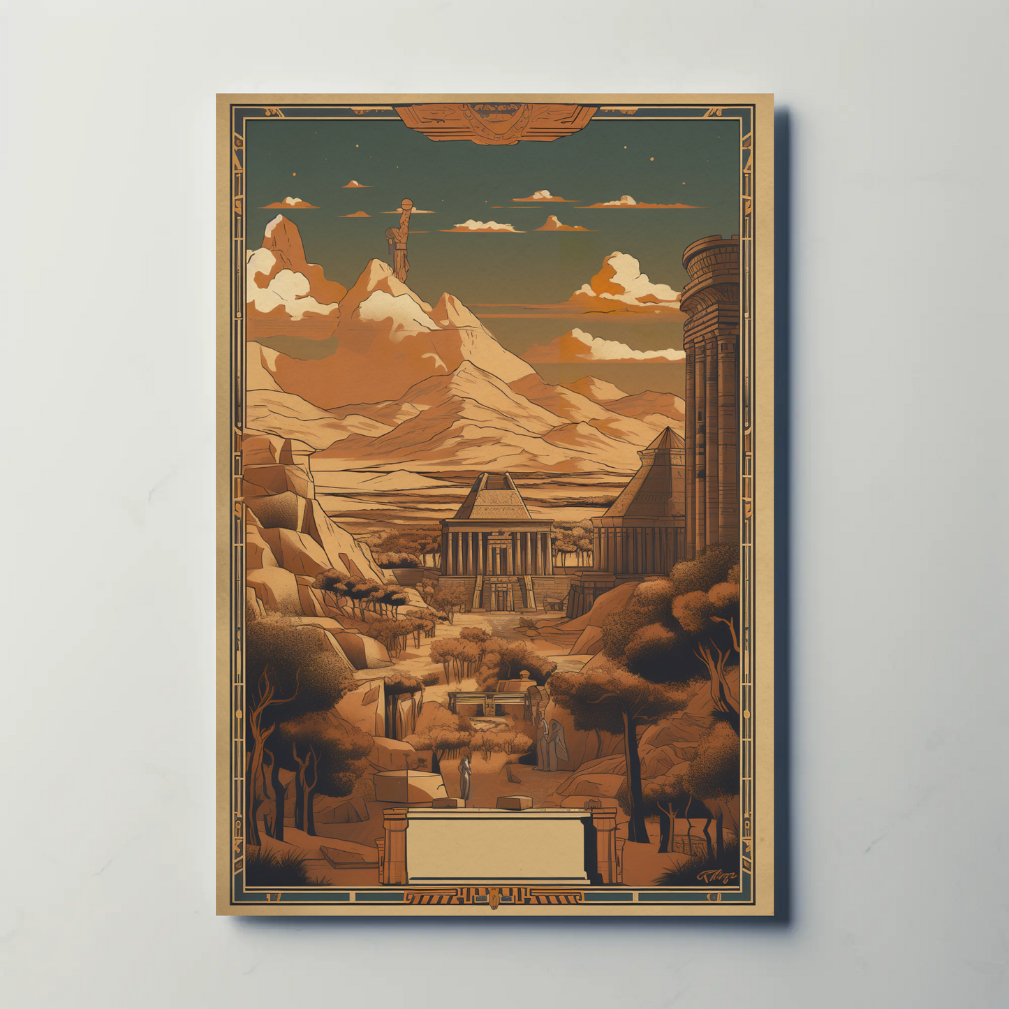 Egyptian Temple Statues Desert Mountains Vintage Travel Poster