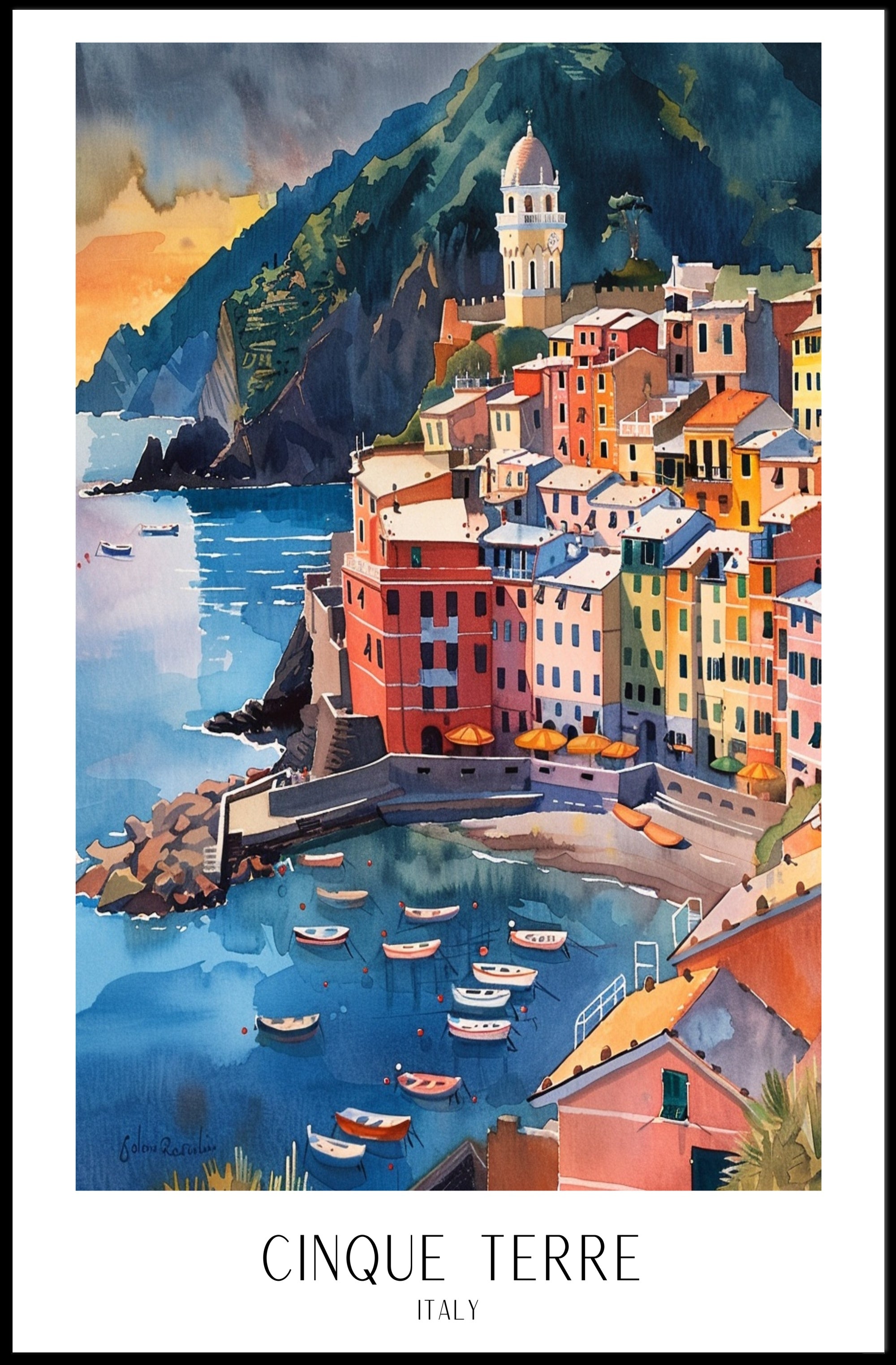 Cinque Terre Coastal Watercolor Travel Poster PosterGoat