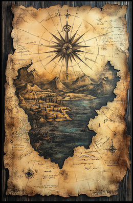 Vintage Explorer's Map with Compass Rose Fantasy or Mythology Poster