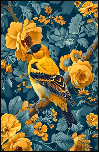 Golden Songbird Wall Art Amidst Blossoms