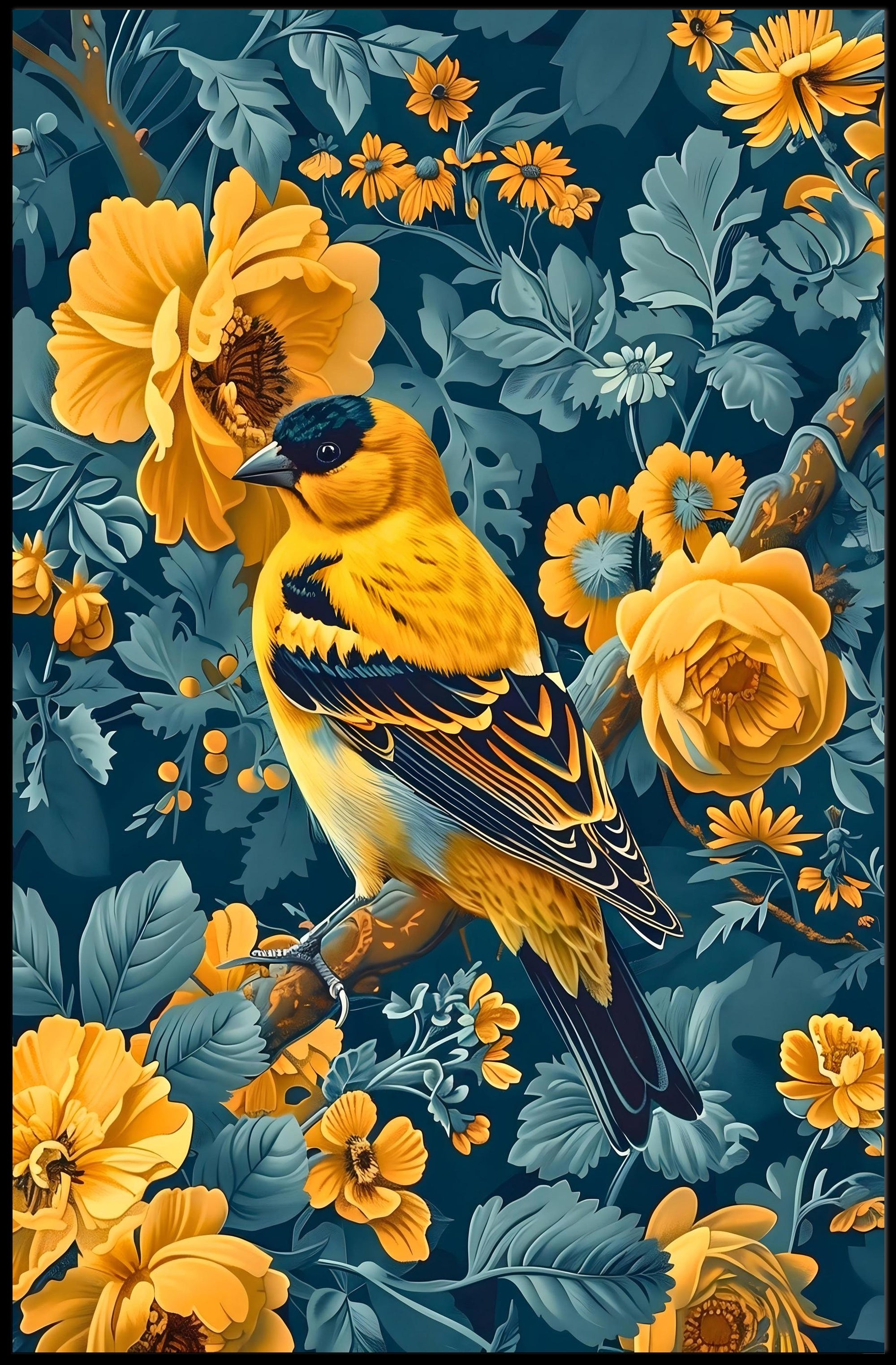 Golden Songbird Wall Art Amidst Blossoms
