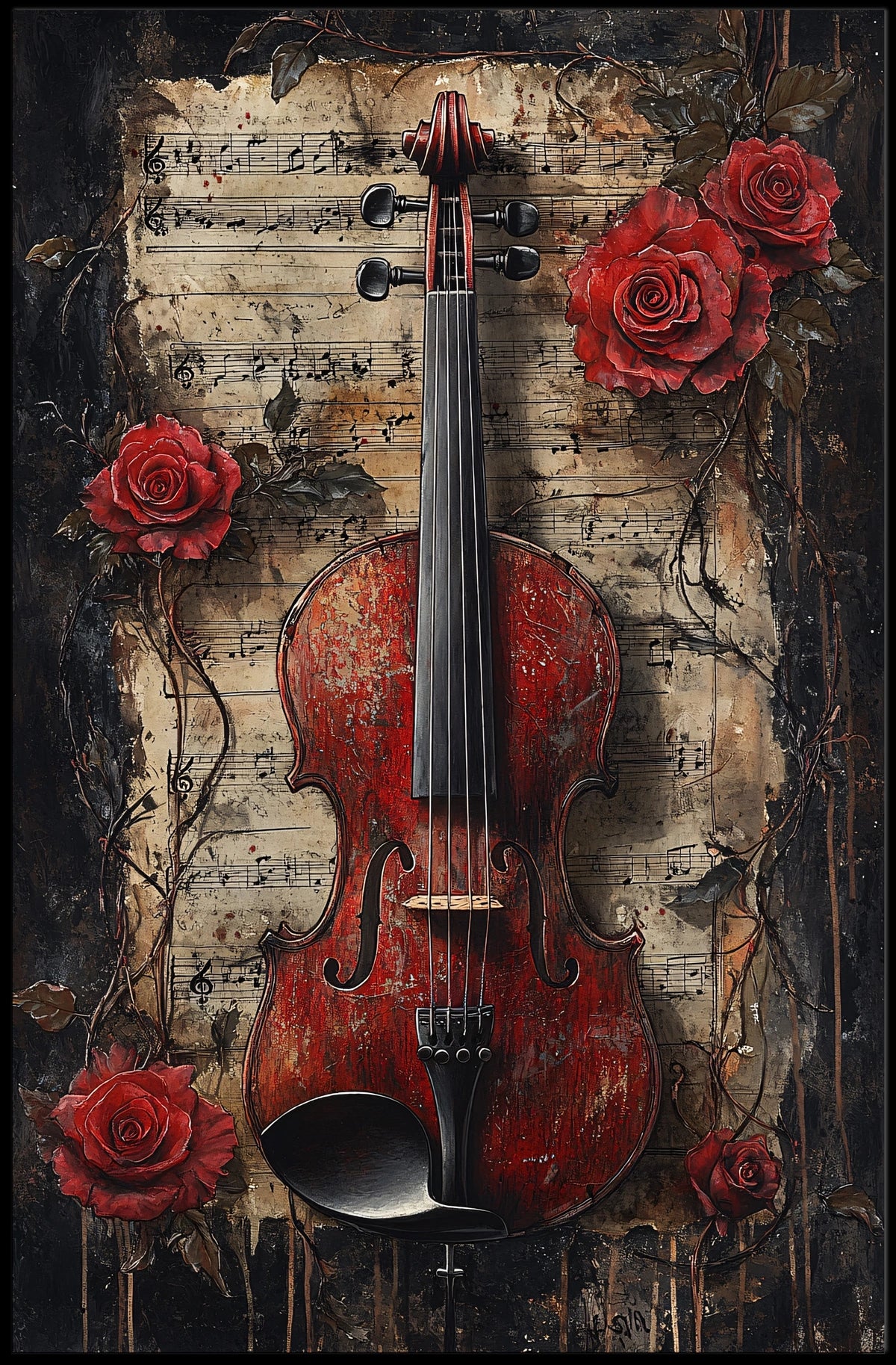 Vintage Violin with Roses Artistic Art Poster
