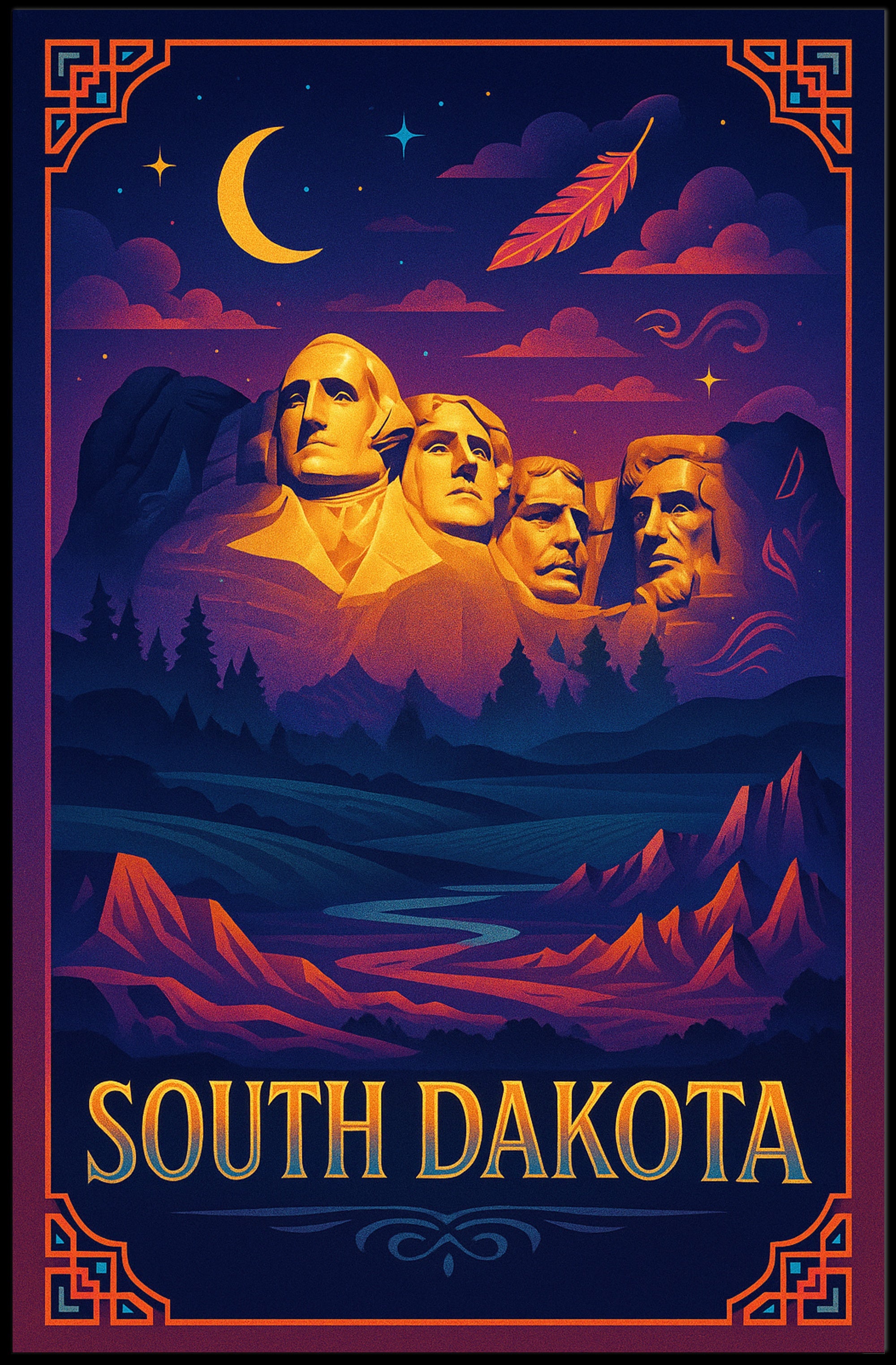 Mount Rushmore Night Poster Vintage South Dakota