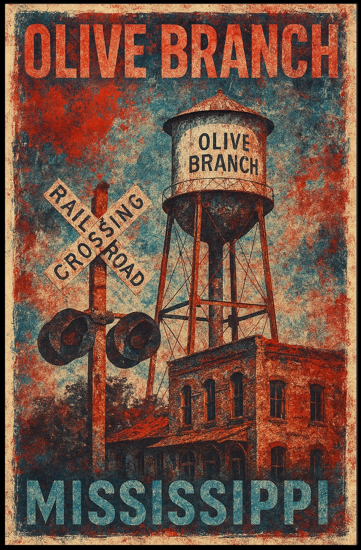 Vintage Olive Branch Railroad Water Tower Travel Poster