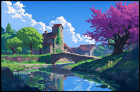 Serene Countryside Bridge and Cottage Art Poster