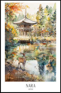 Nara Landscape with Deer in Autumn Travel Poster PosterGoat