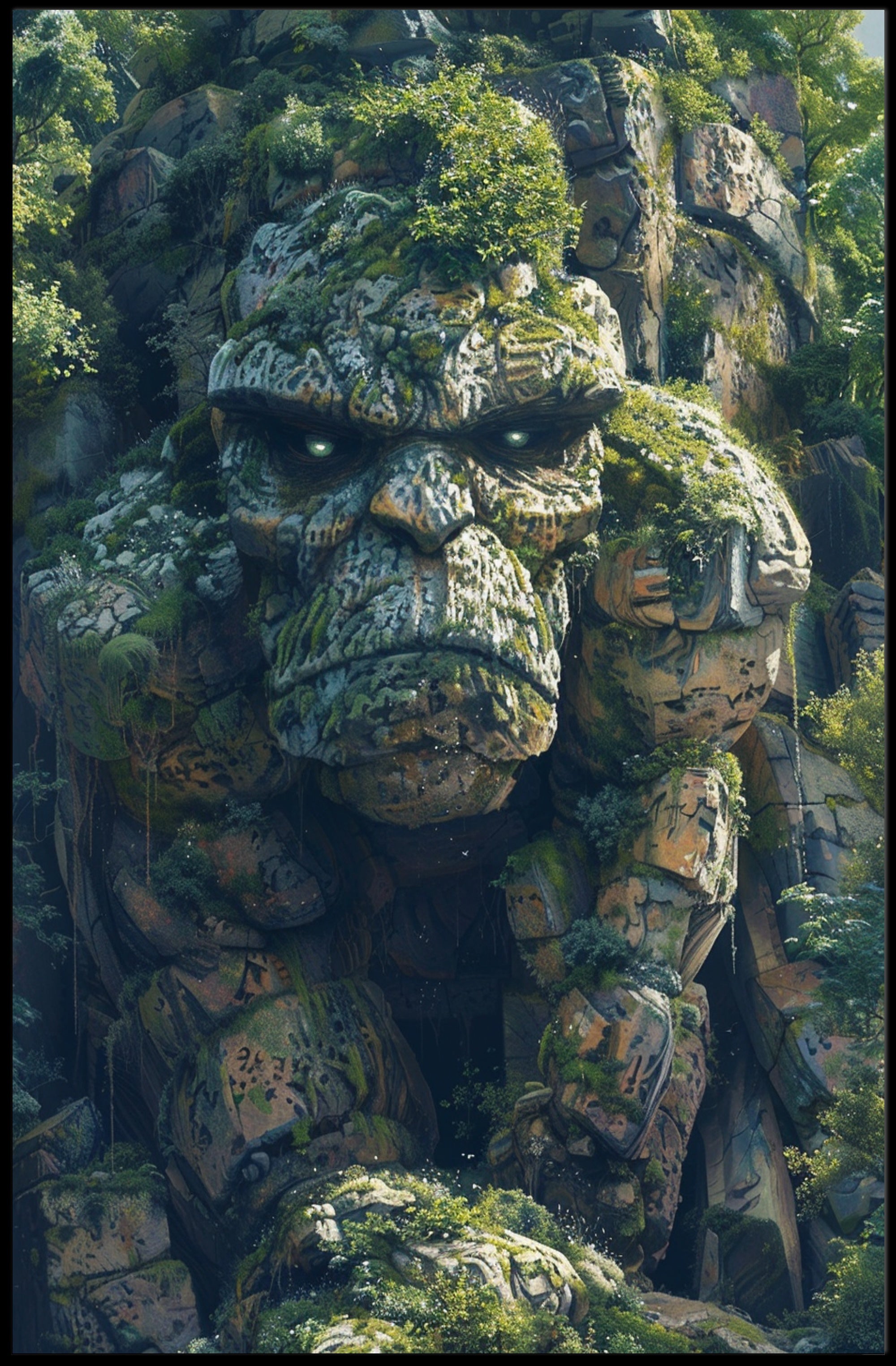 Ancient Stone Face in Mystical Forest Fantasy Poster