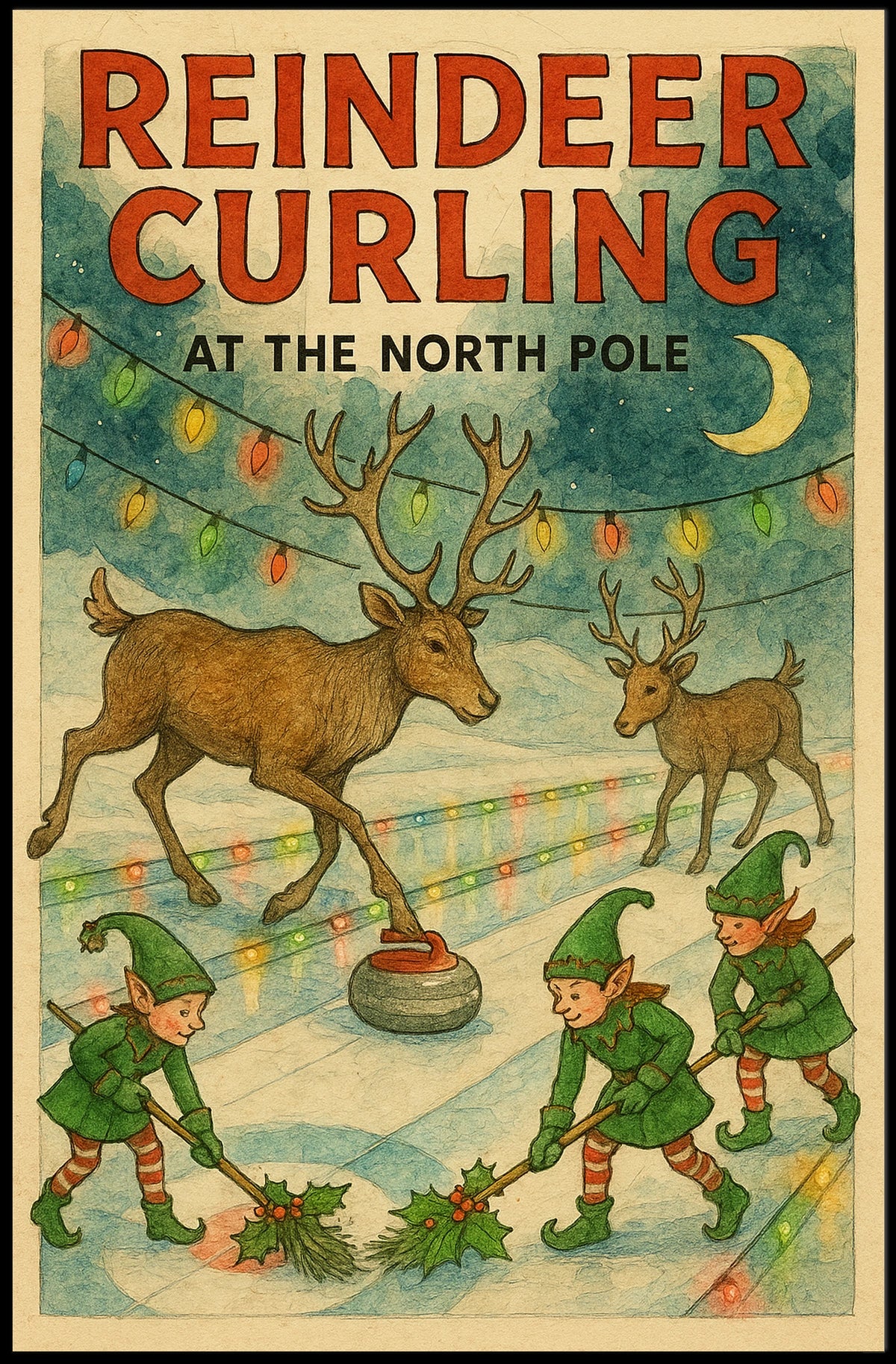 Reindeer Curling at the North Pole Poster