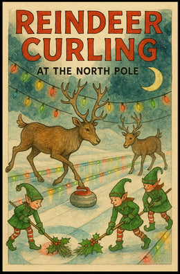 Reindeer Curling at the North Pole Poster