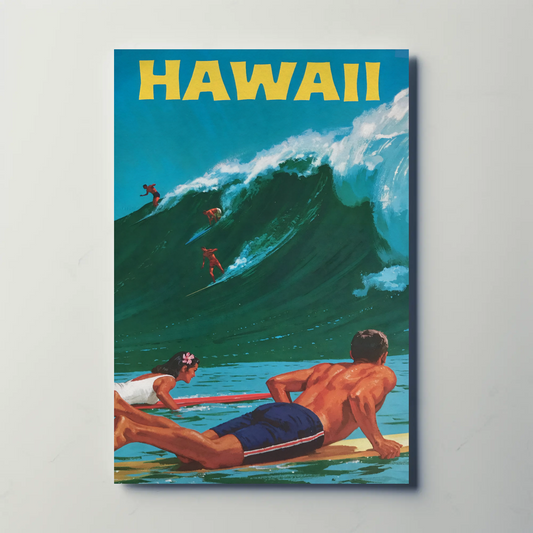 Hawaii Surfers Riding Giant Wave Ocean Travel Poster