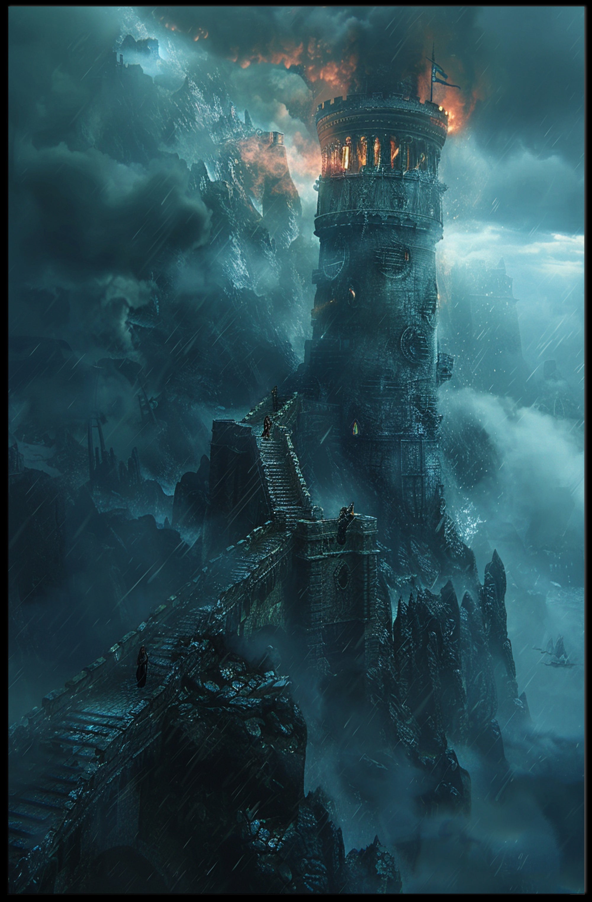 Towering Fortress Amidst Fierce Storm Fantasy or Mythology Poster PosterGoat