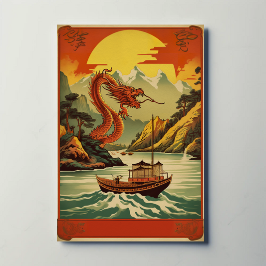 China Dragon River Boat Mountain Sunset Travel Poster