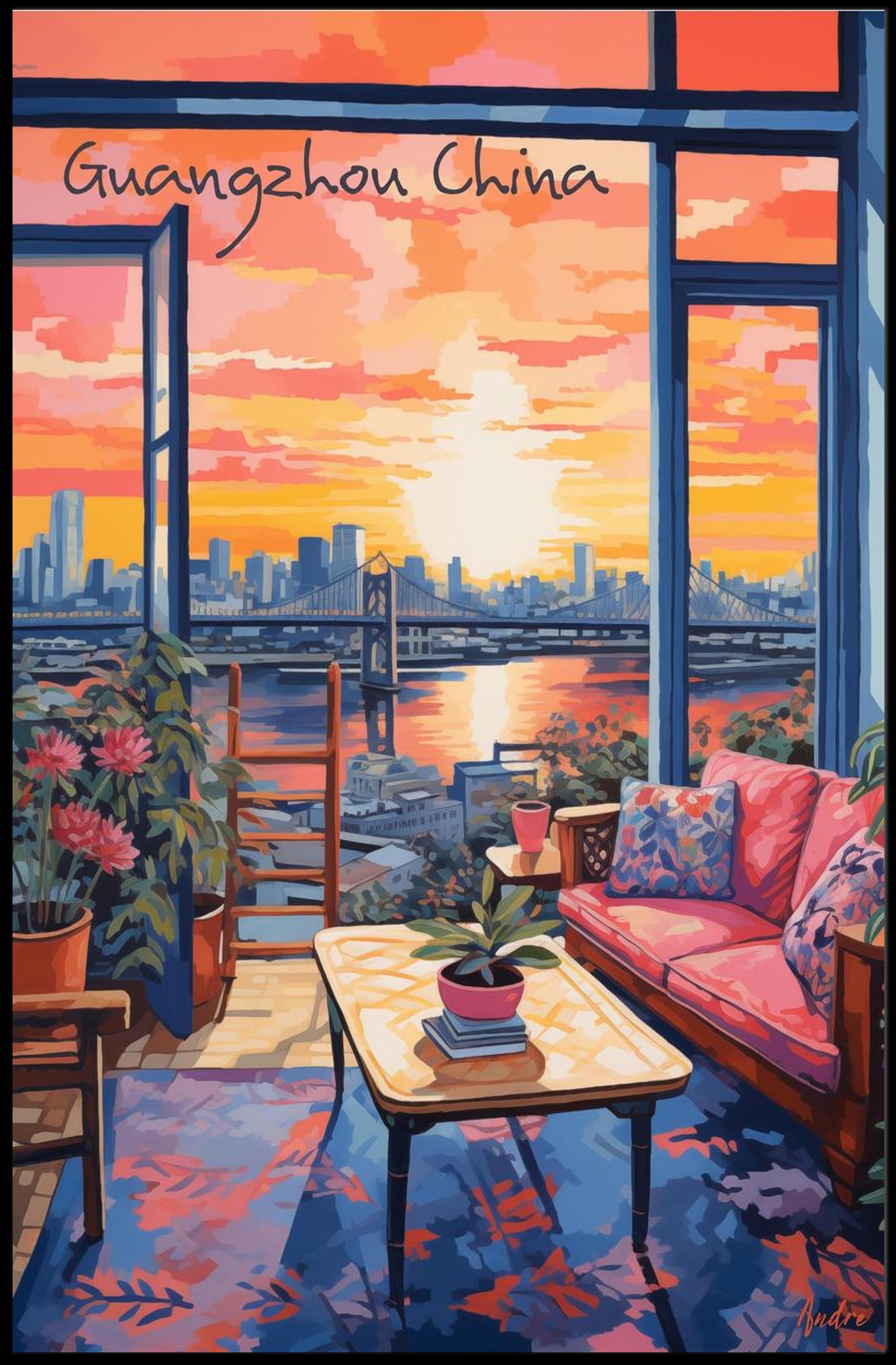 Guangzhou Sunset Cityscape with Cozy Interior Poster
