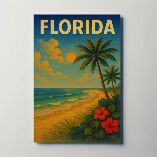 Florida Beach Palm Trees Hibiscus Flowers Travel Poster