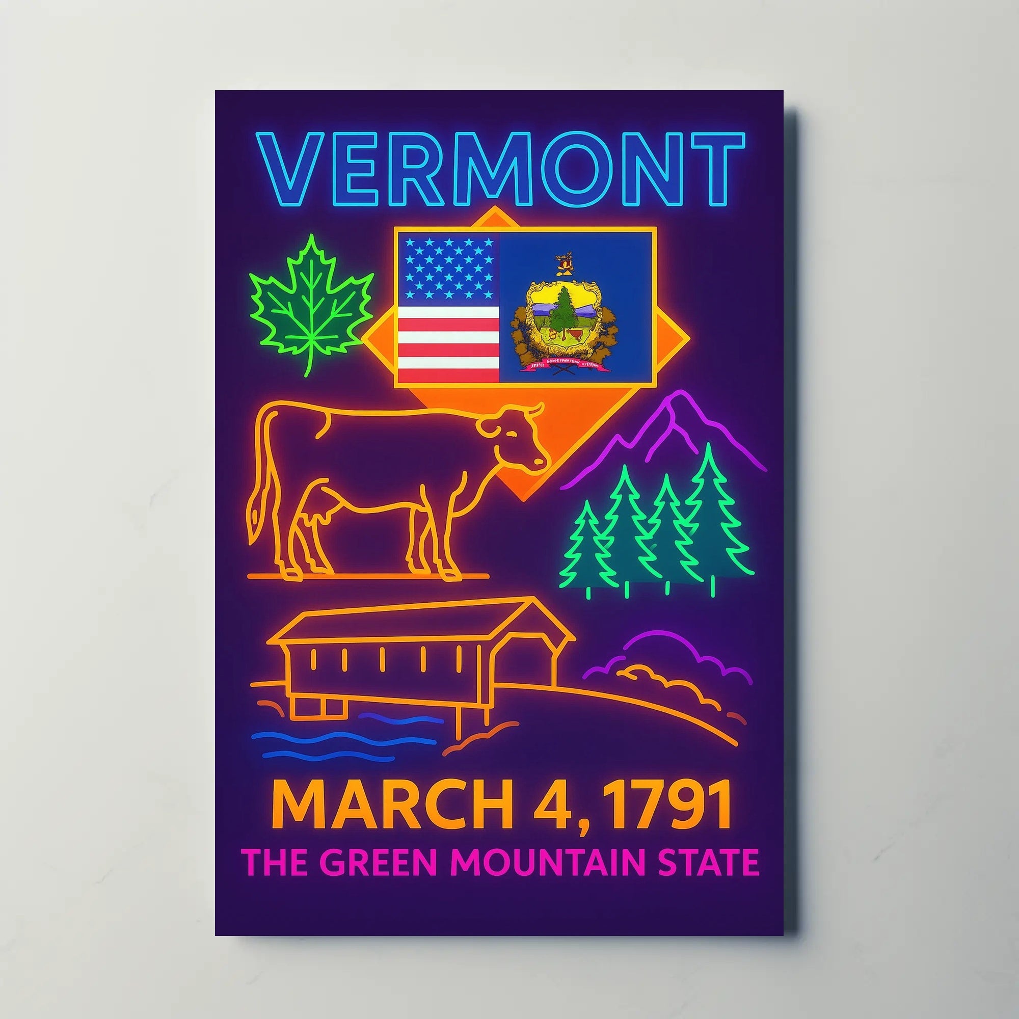 Vermont Green Mountain State Neon Sign Heritage Poster