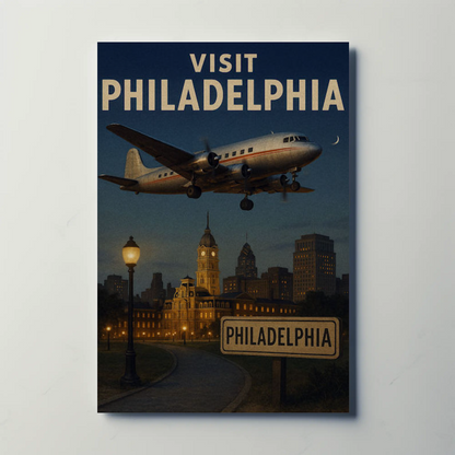 Visit Philadelphia Skyline Night Flight Travel Poster