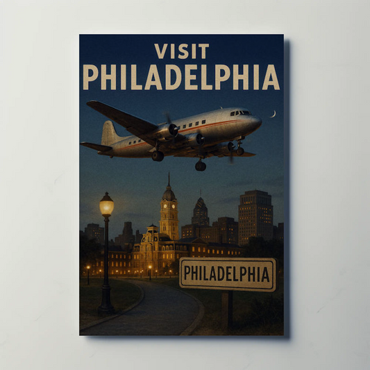 Visit Philadelphia Skyline Night Flight Travel Poster