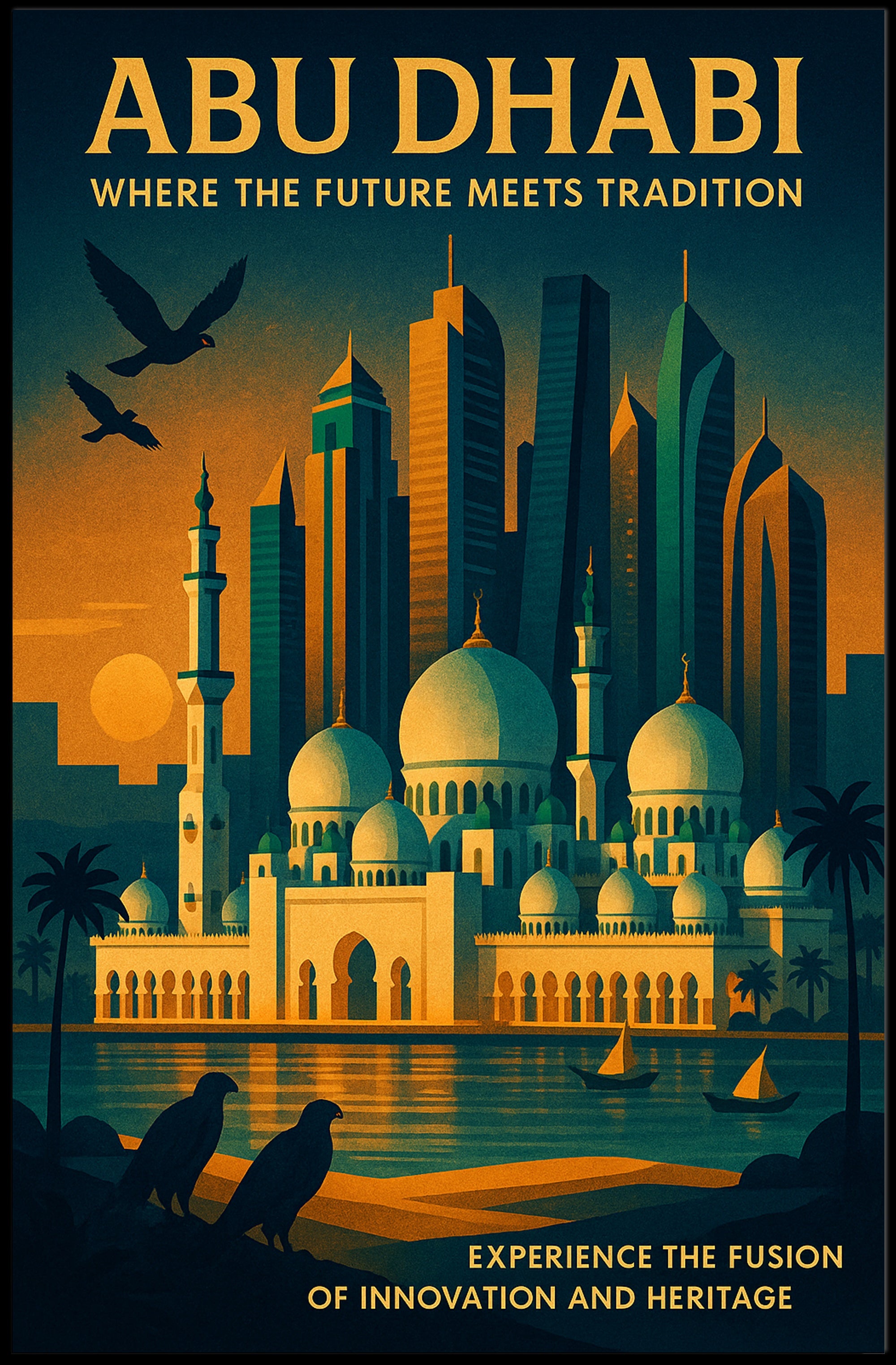 Abu Dhabi Skyline Art: Modern Middle Eastern Cityscape Poster