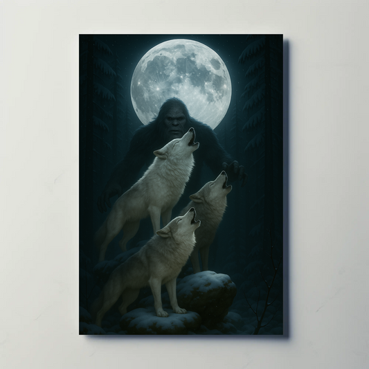 Bigfoot Howling Wolves Moonlit Forest Poster