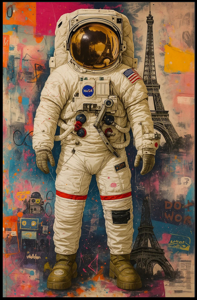 Astronaut and Eiffel Tower Street Art Poster - Abstract, Artistic, or Pop Culture Poster