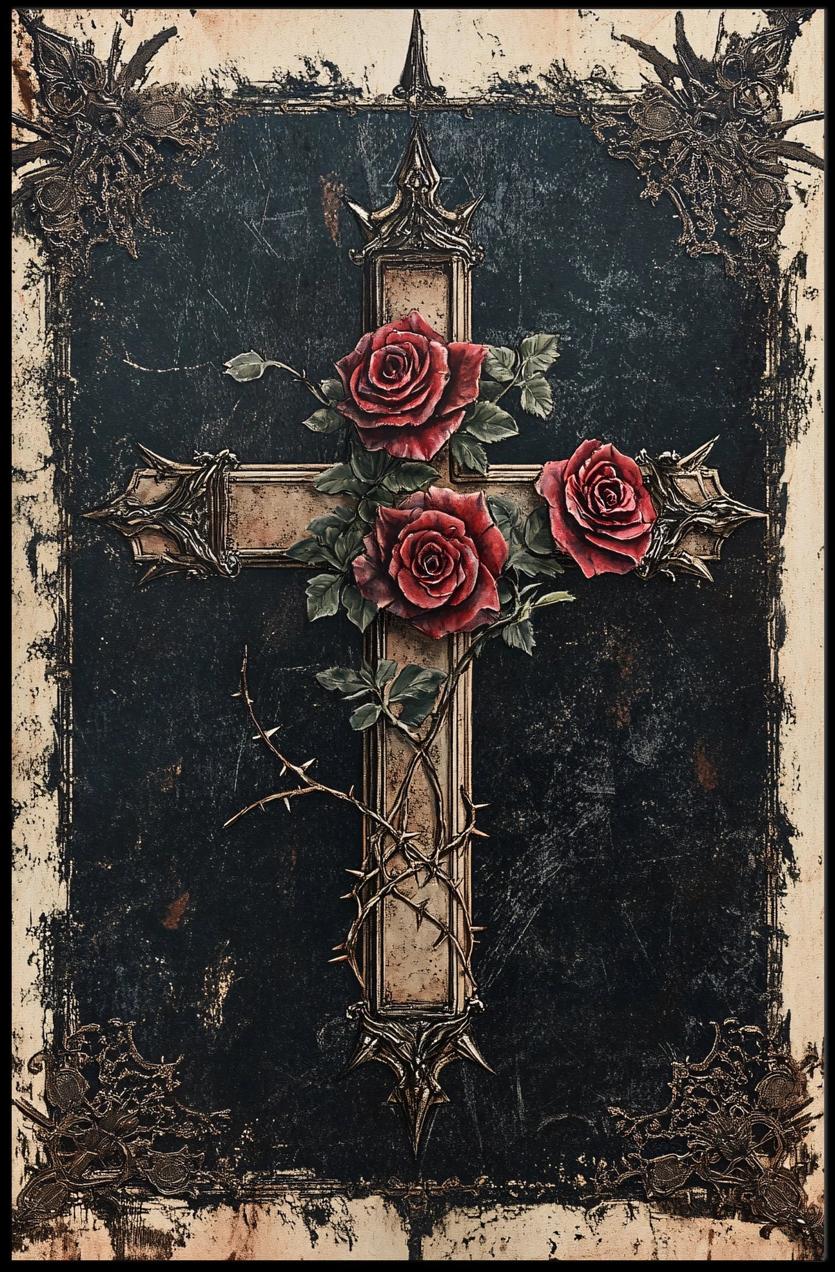Gothic Cross with Red Roses Decoration Poster