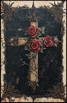 Gothic Cross with Red Roses Decoration Poster
