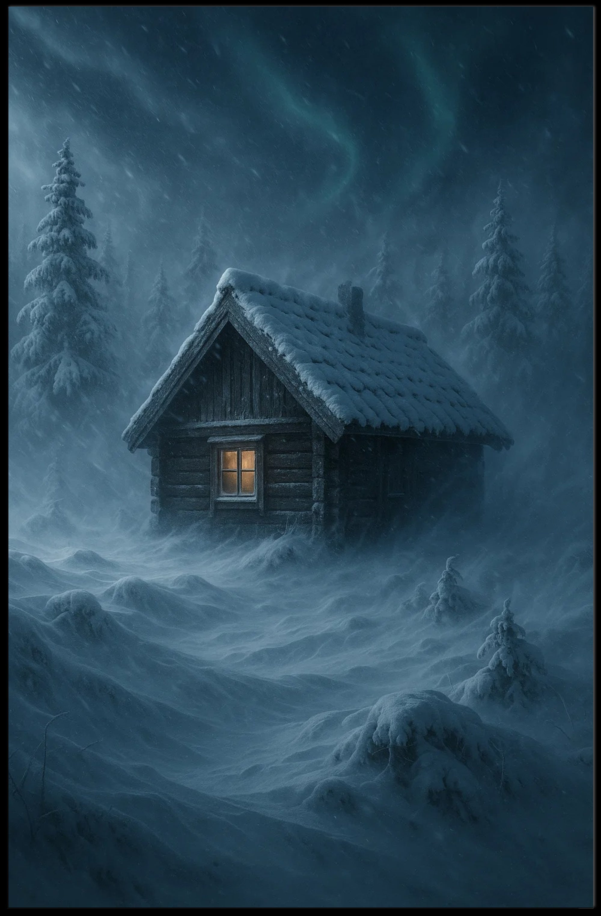 Winter Cabin in a Mystical Forest Fantasy Poster