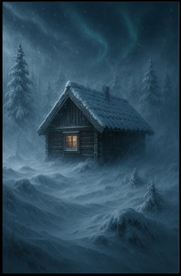 Winter Cabin in a Mystical Forest Fantasy Poster