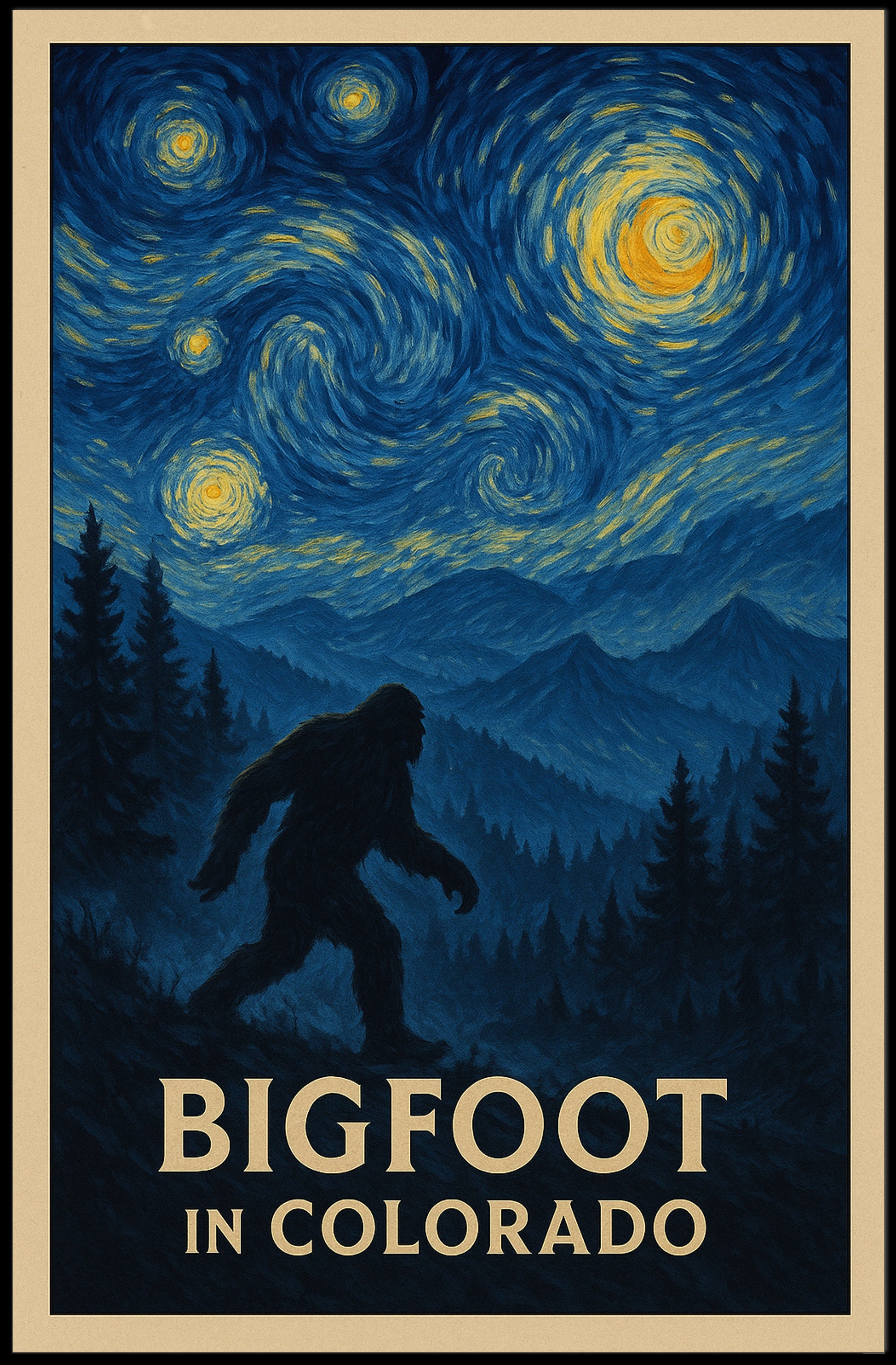 Bigfoot Colorado Poster Vintage Night Forest Wall Art