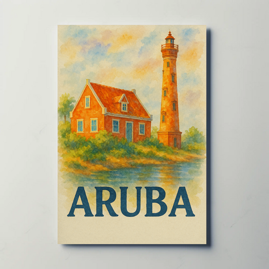 Aruba Lighthouse Ocean Hut Sunset Travel Poster
