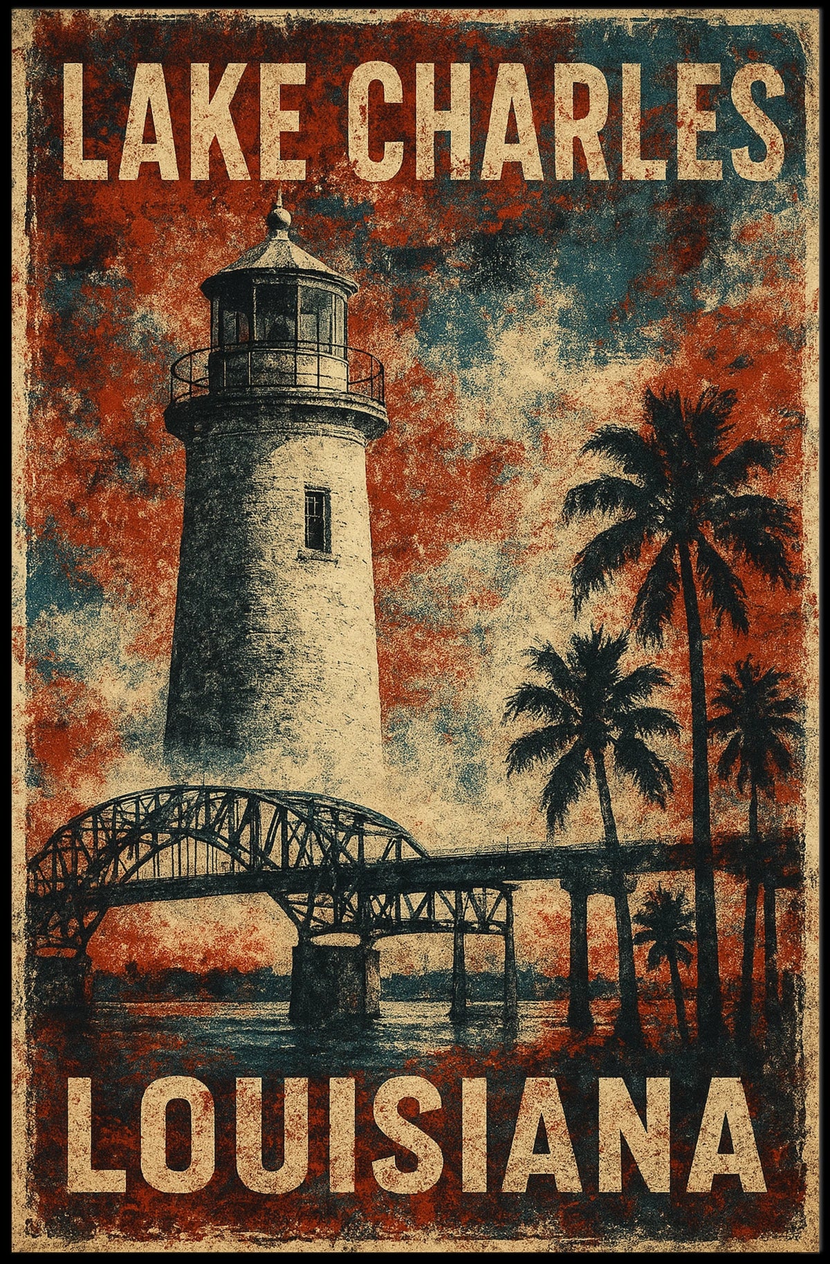 Vintage Louisiana Lighthouse Coastal Travel Poster