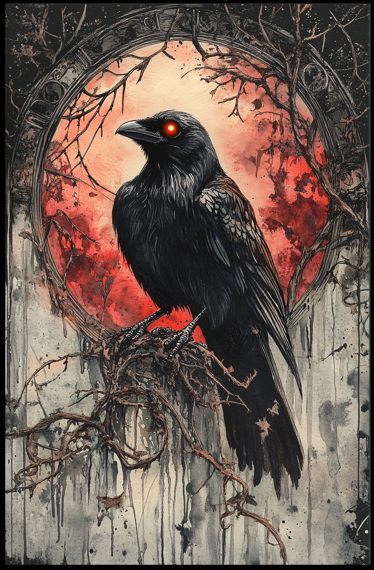 Raven Under Blood Moon Art Print Animal Poster