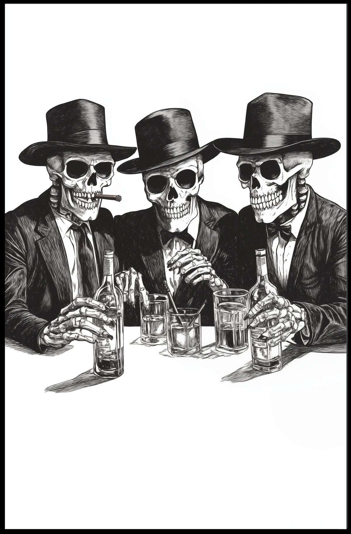 Skeletons in Suits Black-and-white Illustration Poster
