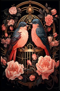 Enchanting Birds and Roses Vintage Art Poster
